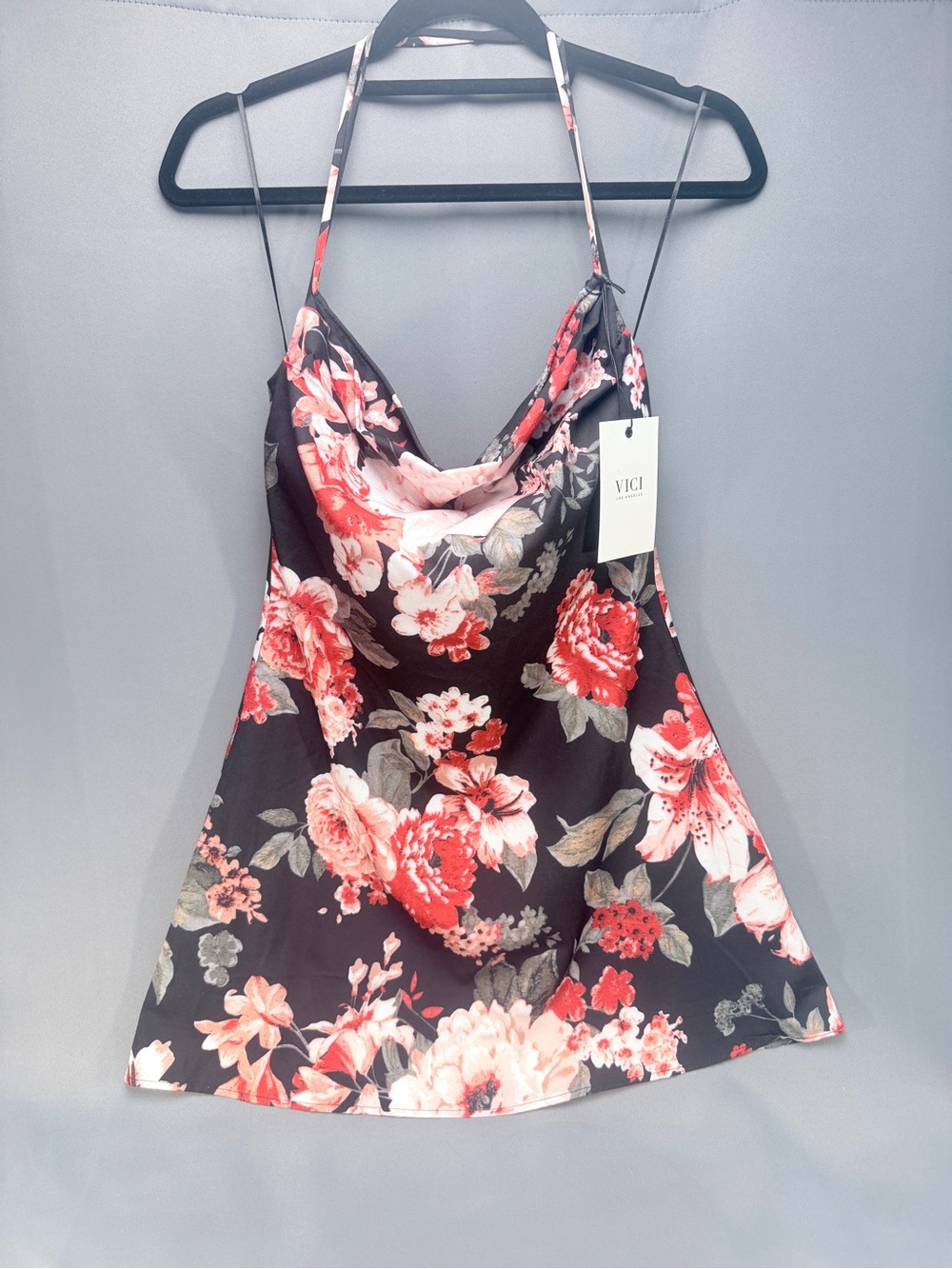 VICI Fresh Muse Floral Cowl Neck Halter Mini Dress Black Pink Red NWT Size M